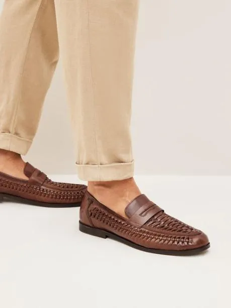 Shoes Men Joules Tan Brown Leather Weave Loafers