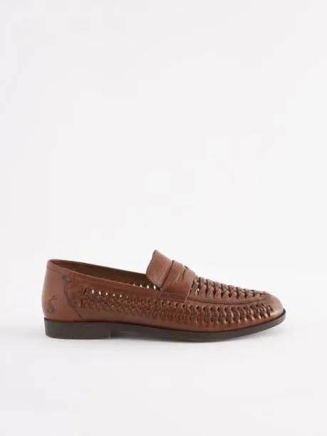 Shoes Men Joules Tan Brown Leather Weave Loafers