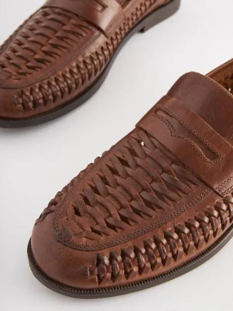 Shoes Men Joules Tan Brown Leather Weave Loafers