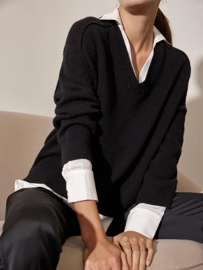 Shop Brochu Walker Sweaters The Looker Layered VNeck Black Onyx With White Underlayer