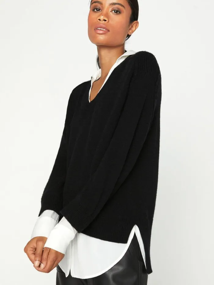 Shop Brochu Walker Sweaters The Looker Layered VNeck Black Onyx With White Underlayer