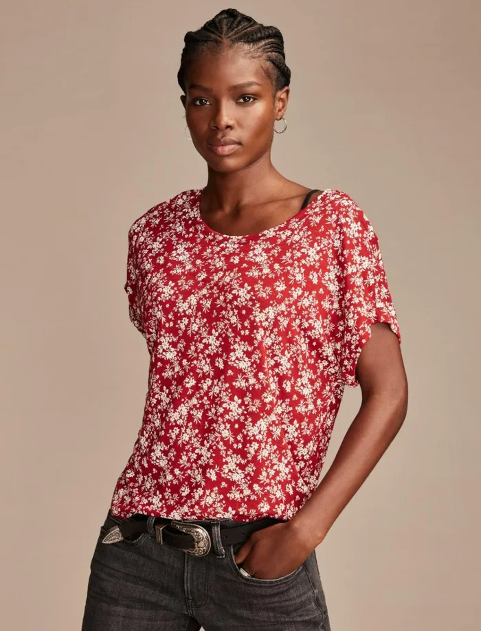 Short Sleeve Sandwash Dolman Tee Red Floral Women Lucky Brand Knit Tops