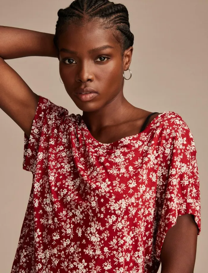 Short Sleeve Sandwash Dolman Tee Red Floral Women Lucky Brand Knit Tops