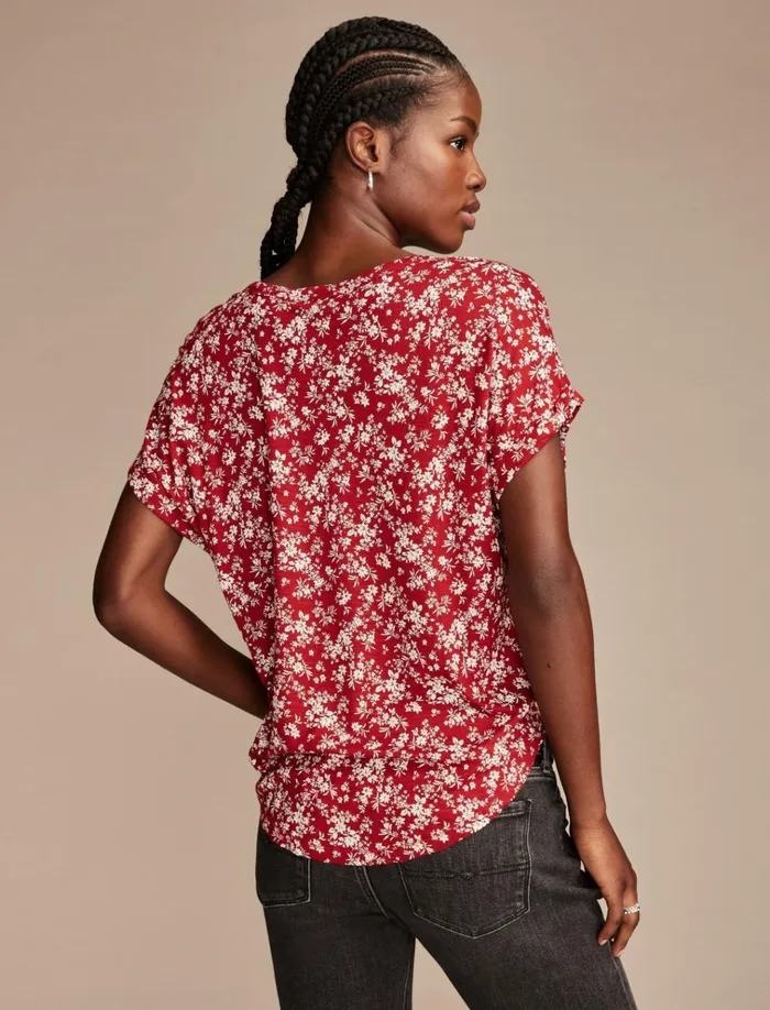 Short Sleeve Sandwash Dolman Tee Red Floral Women Lucky Brand Knit Tops