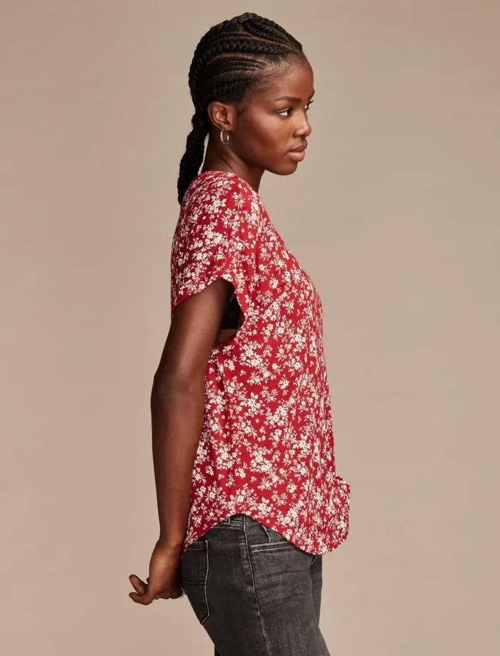 Short Sleeve Sandwash Dolman Tee Red Floral Women Lucky Brand Knit Tops