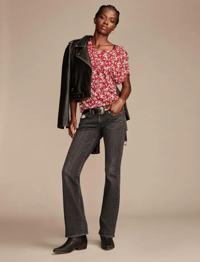 Short Sleeve Sandwash Dolman Tee Red Floral Women Lucky Brand Knit Tops