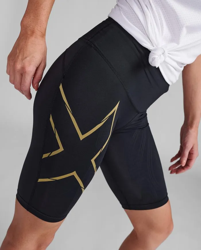 Shorts Womens 2XU Light Speed MidRise Compression Shorts Blackgold Reflective
