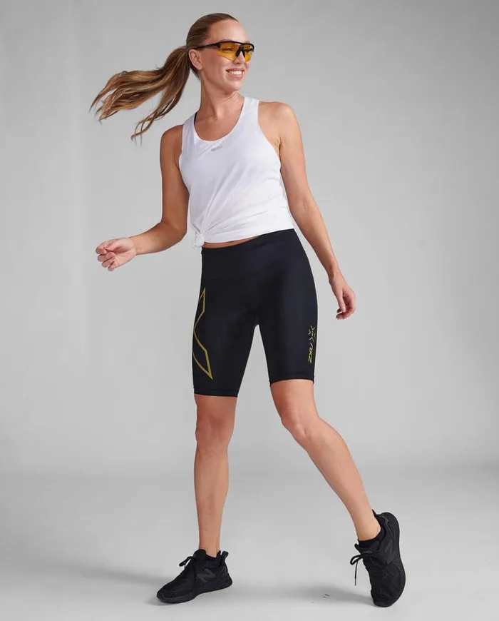 Shorts Womens 2XU Light Speed MidRise Compression Shorts Blackgold Reflective