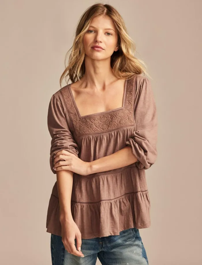 Square Neck Embroidered Peasant Top Deep Taupe Women Lucky Brand Knit Tops