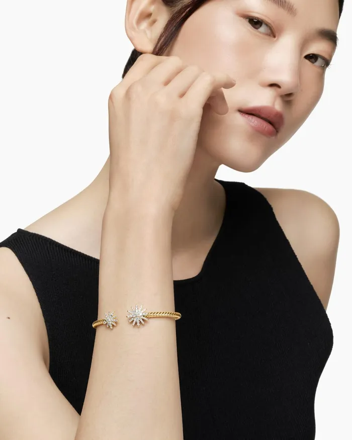 Starburst Cable Bracelet In 18K Yellow Gold With Diamonds 35mm Women David Yurman Cuff Starburst Cable Bracelet In 18K Yellow Gold With Diamonds 35mm Women David Yurman Cuff