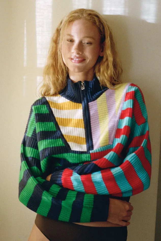 STAUD CASHMERE CROPPED HAMPTON SWEATER Cabana Stripe Multi Women Sweaters