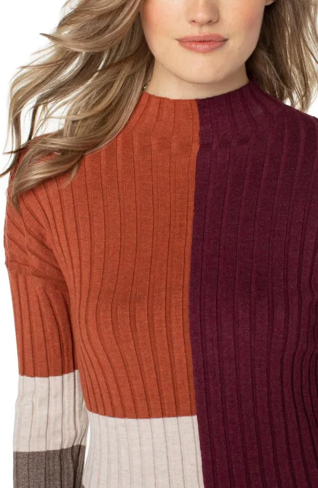 SWEATERS Women Liverpool Los Angeles MOCK NECK COLORBLOCK SWEATER Burgundy Rust Colorblock
