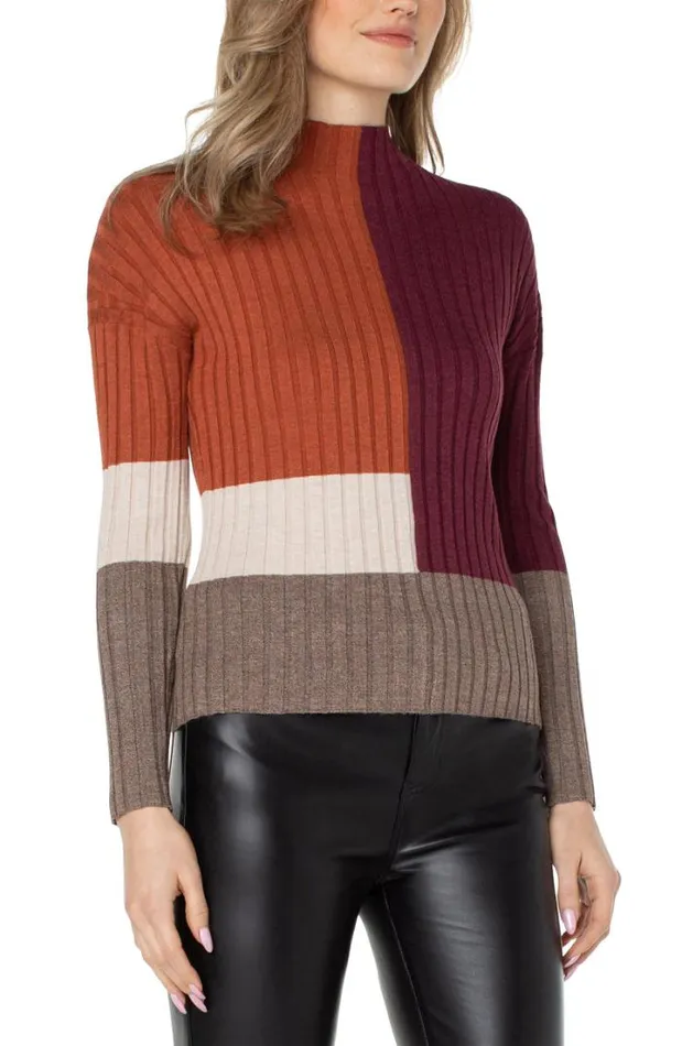 SWEATERS Women Liverpool Los Angeles MOCK NECK COLORBLOCK SWEATER Burgundy Rust Colorblock