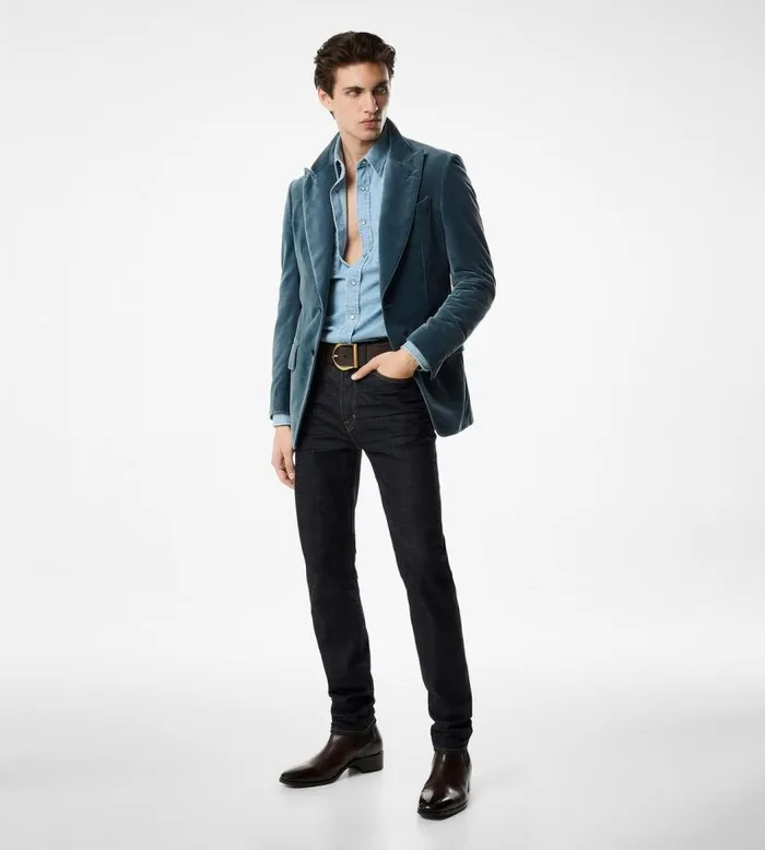 TOM FORD Jackets Men LIGHT VELVET ATTICUS JACKET Avian Blue TOM FORD Jackets Men LIGHT VELVET ATTICUS JACKET Avian Blue