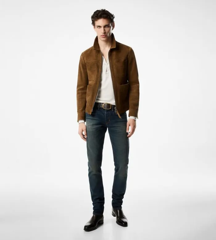 TOM FORD Outerwear Men BRUSHED HEATHERED SUEDE FOUR POCKET BLOUSON Cigar TOM FORD Outerwear Men BRUSHED HEATHERED SUEDE FOUR POCKET BLOUSON Cigar
