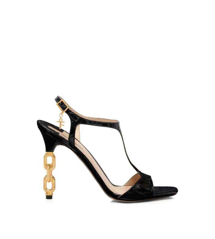TOM FORD Sandals Women GLOSSY STAMPED CROCODILE LEATHER GALAXY SANDAL Black