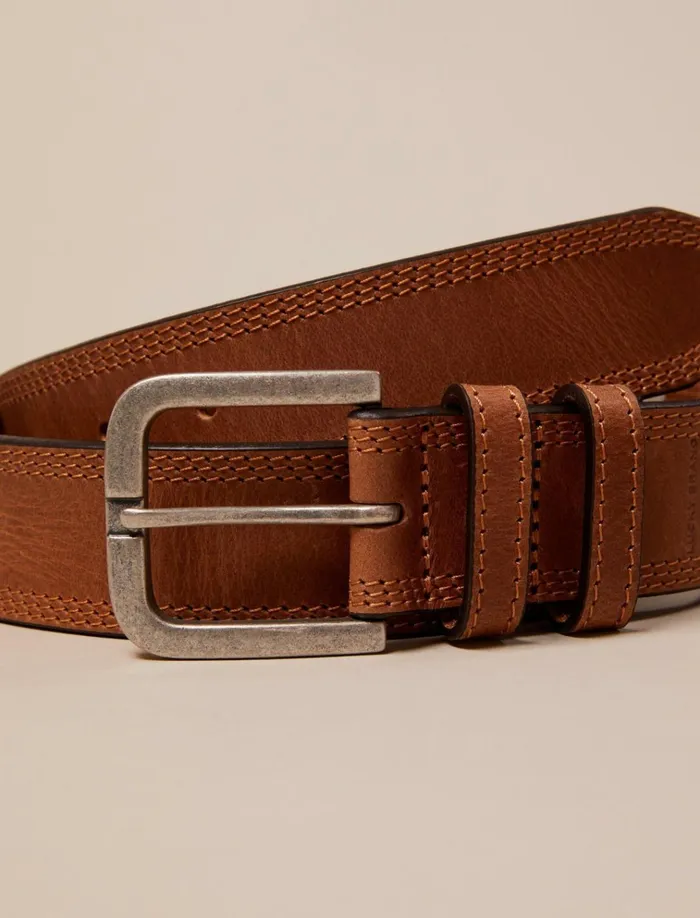 Triple Needle Stitch Leather Belt Medium Brown Men Lucky Brand Belts