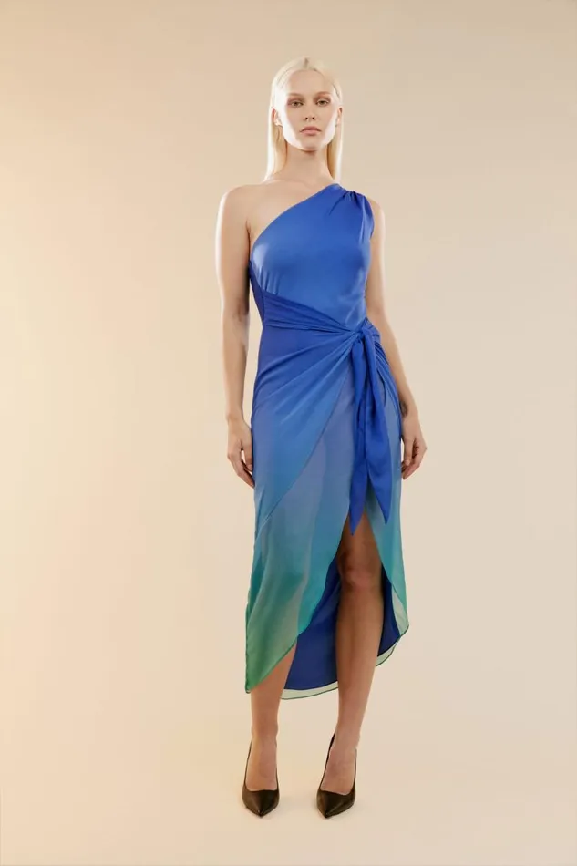 Women Bardot Day To Night Dresses Christina Ombre Wrap Dress In BlueGreen