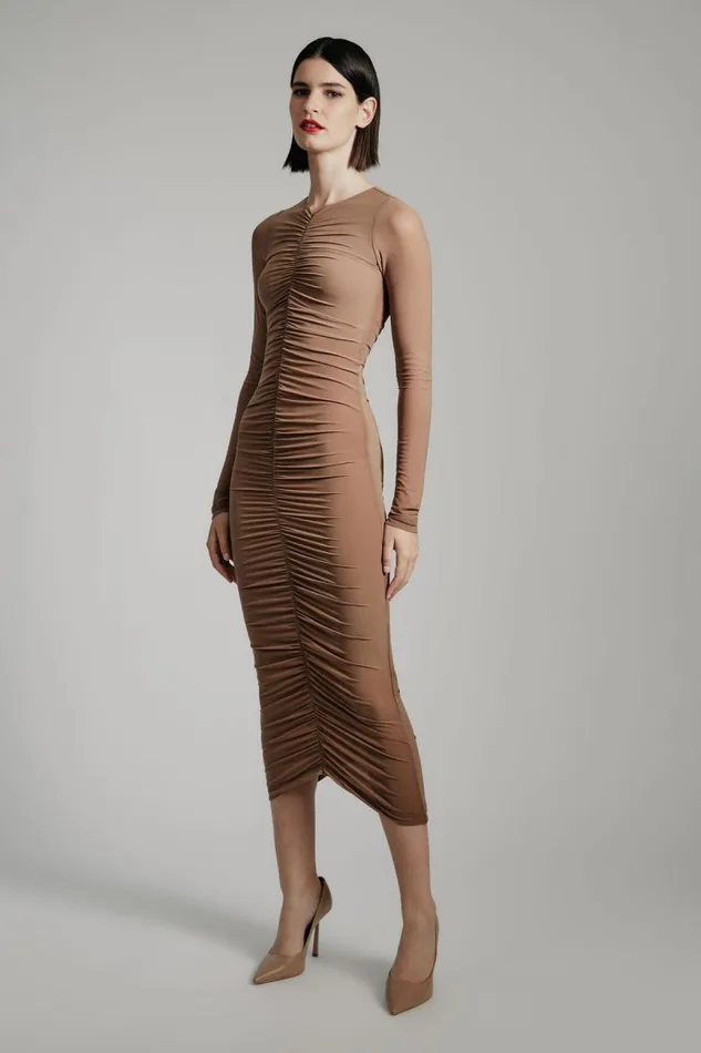 Women Bardot Day To Night Dresses Jaya Mesh Maxi Dress In Tan