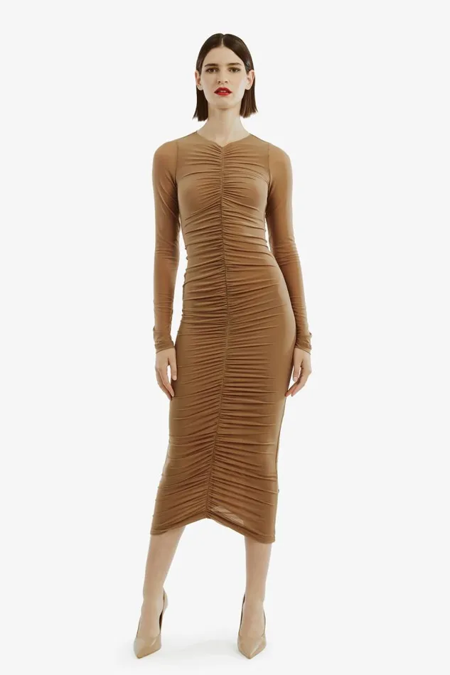 Women Bardot Day To Night Dresses Jaya Mesh Maxi Dress In Tan Women Bardot Day To Night Dresses Jaya Mesh Maxi Dress In Tan