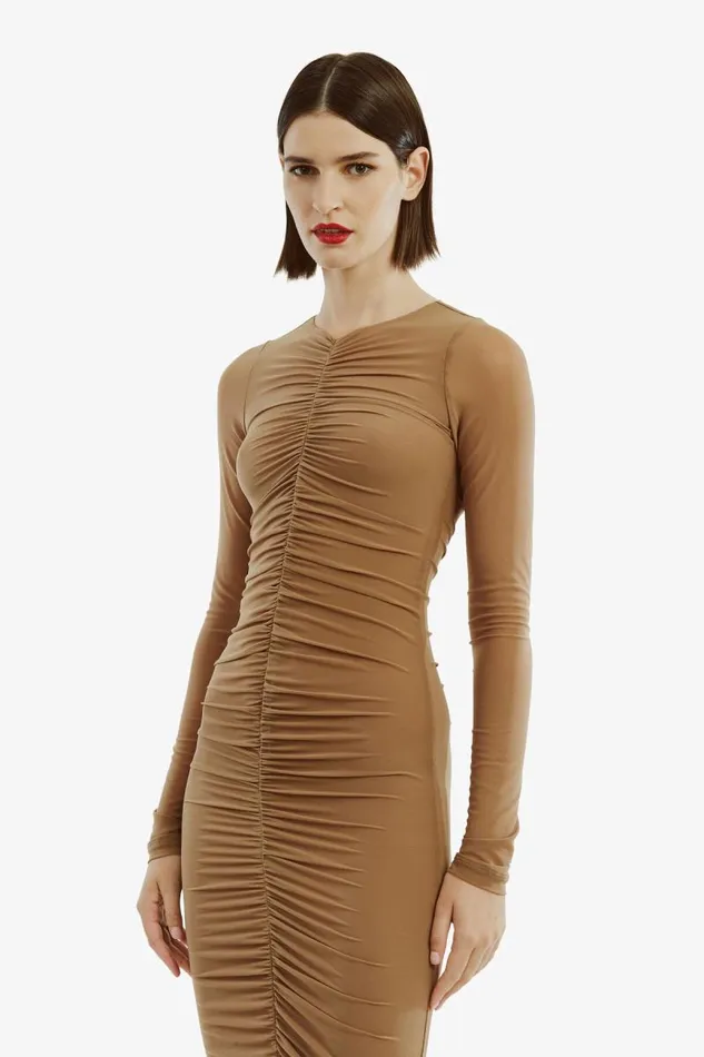 Women Bardot Day To Night Dresses Jaya Mesh Maxi Dress In Tan Women Bardot Day To Night Dresses Jaya Mesh Maxi Dress In Tan