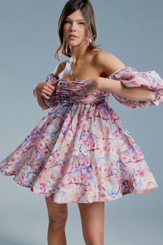 Women Bardot Day To Night Dresses Kali Tuck Mini Dress In Azure Flor