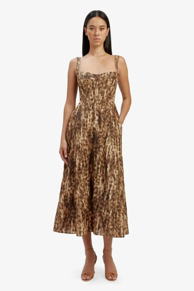 Women Bardot Day To Night Dresses Lilah Corset Midi Dress In Leopard