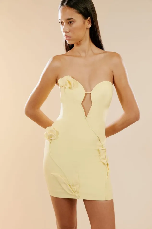 Women Bardot Party Dresses Eleni Flower Detail Mini Dress In Canary Ylw