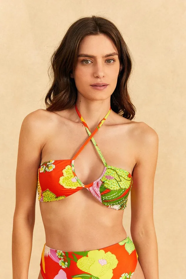 Women Bikinis Farm Rio Red Neon Floral Halter Neck Bikini Top