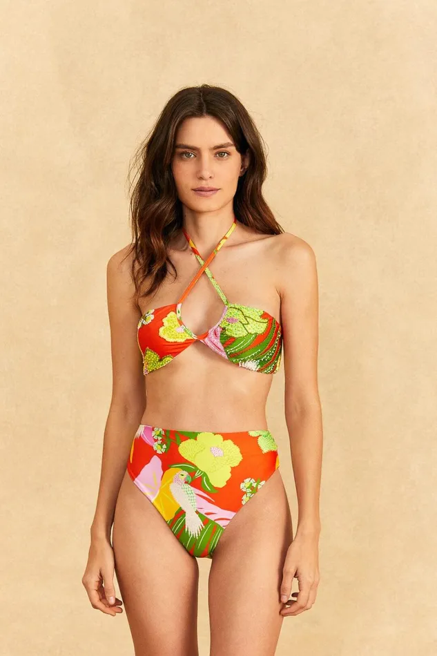 Women Bikinis Farm Rio Red Neon Floral Halter Neck Bikini Top
