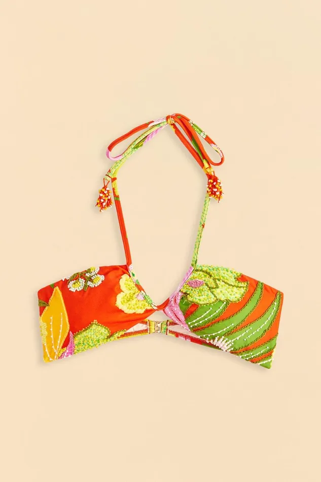 Women Bikinis Farm Rio Red Neon Floral Halter Neck Bikini Top