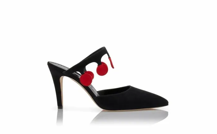Women Black And Red Suede Pom Pom Detail Mules Manolo Blahnik Mules