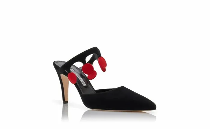 Women Black And Red Suede Pom Pom Detail Mules Manolo Blahnik Mules