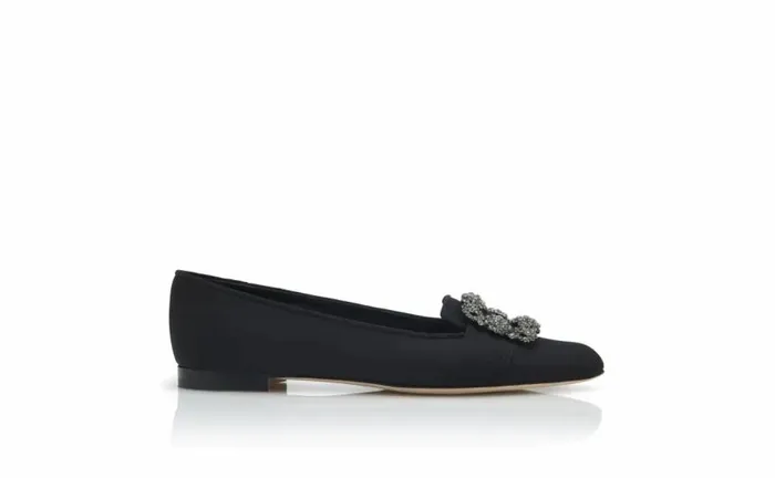 Women Black Crepe De Chine Embellished Flat Pumps Manolo Blahnik Flats