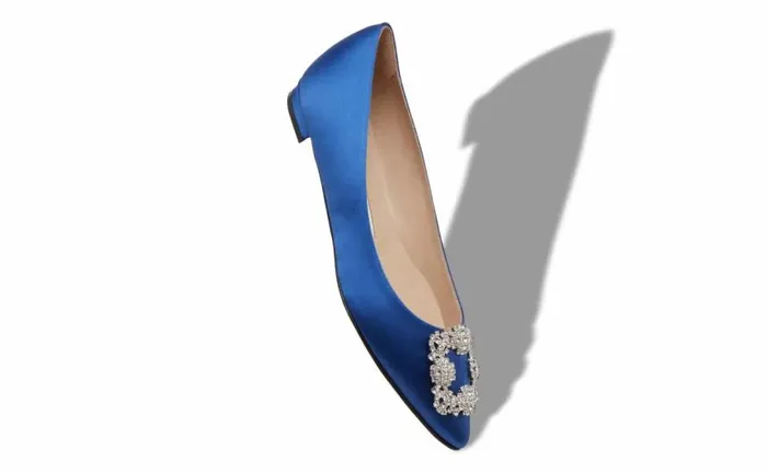 Women Blue Satin Jewel Buckle Flat Pumps Manolo Blahnik Flats