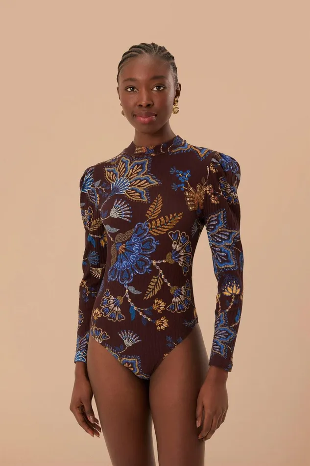 Women Bodysuits Farm Rio Brown Embroidered Garden Bodysuit