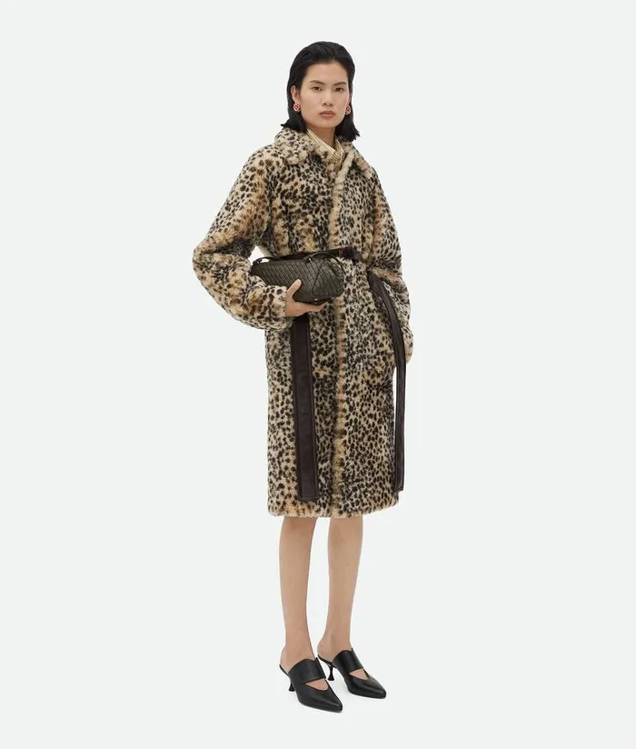 Women Bottega Veneta Coats Leopard Print Shearling Coat Blackbirch
