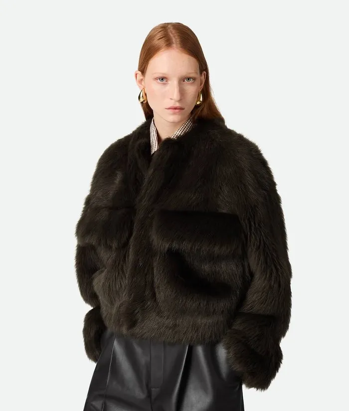 Women Bottega Veneta Coats Toscana Shearling Cropped Blouson Dark Olive