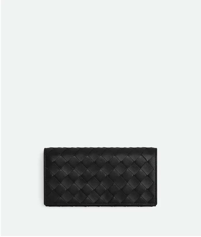 Women Bottega Veneta Long Wallets Intrecciato Large Flap Wallet Black