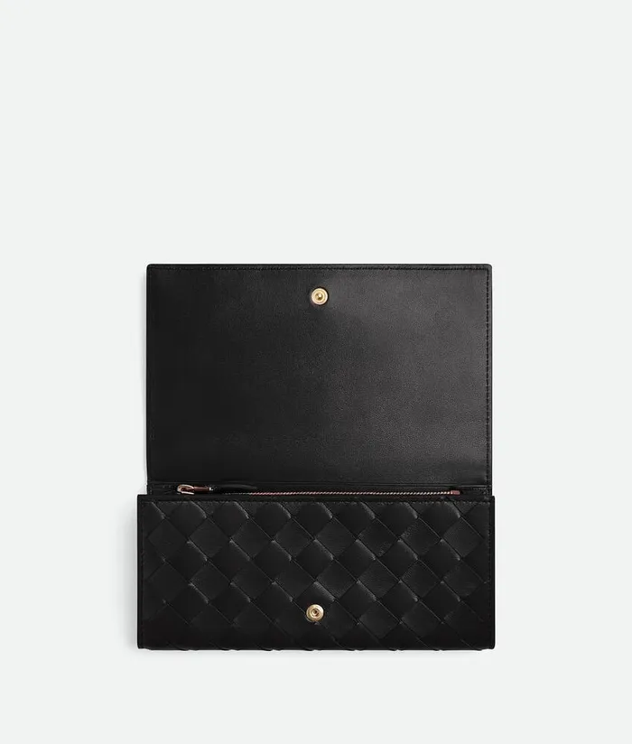 Women Bottega Veneta Long Wallets Intrecciato Large Flap Wallet Black