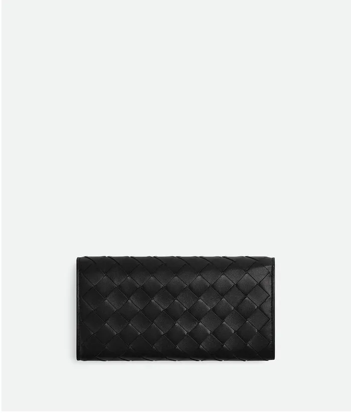 Women Bottega Veneta Long Wallets Intrecciato Large Flap Wallet Black