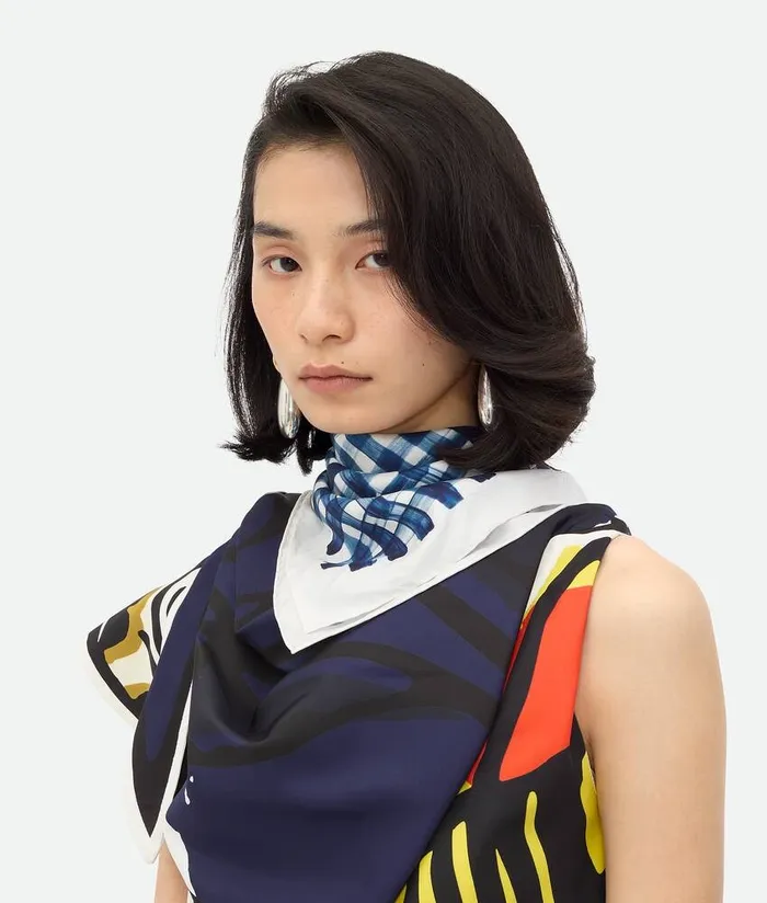 Women Bottega Veneta Scarves Printed Silk Check Foulard Bluewhite