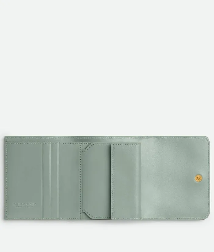 Women Bottega Veneta Small Wallets Intrecciato TriFold Wallet With Origami Coin Purse Travertine New Sauge