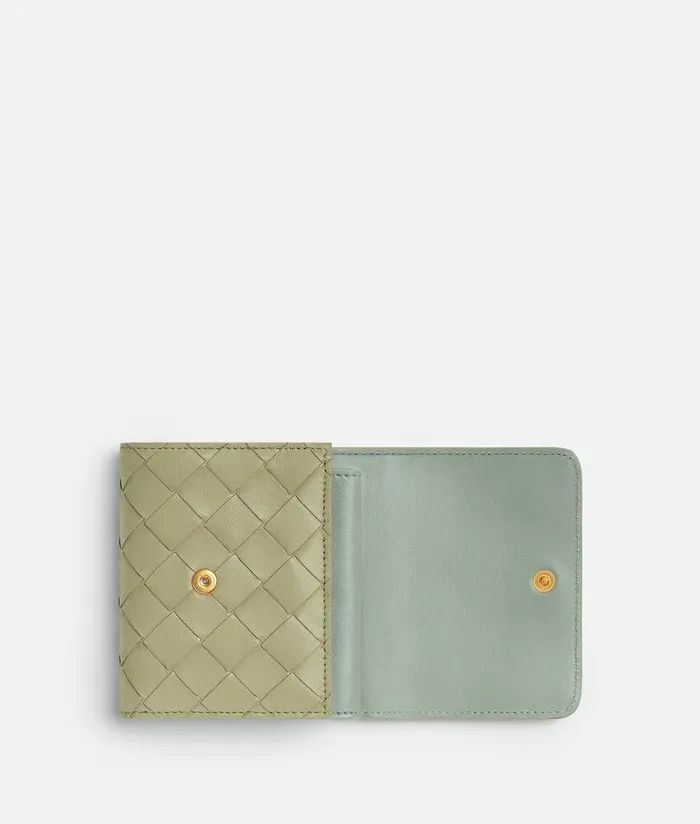 Women Bottega Veneta Small Wallets Intrecciato TriFold Wallet With Origami Coin Purse Travertine New Sauge