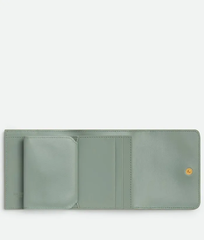 Women Bottega Veneta Small Wallets Intrecciato TriFold Wallet With Origami Coin Purse Travertine New Sauge