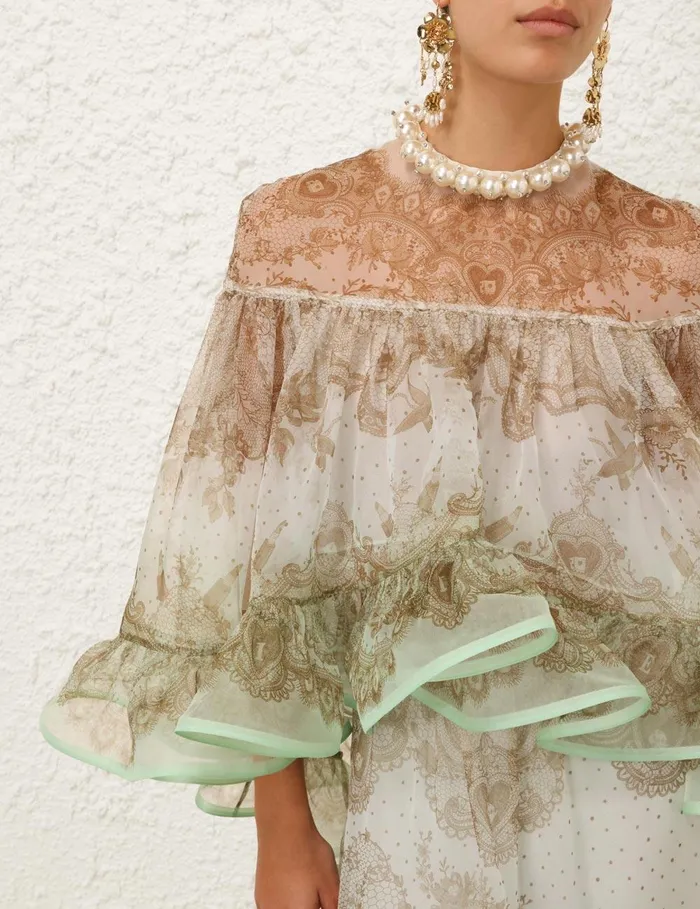 Women Clothing Zimmermann Crush Embellished Blouse Mint Lace Print