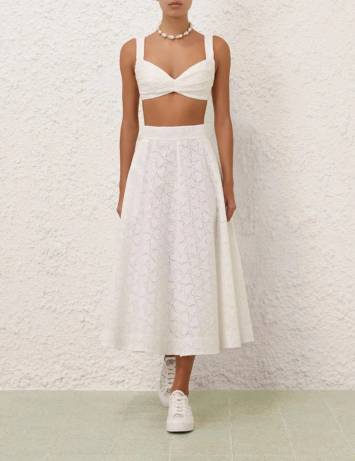 Women Clothing Zimmermann Crush Embroidered Midi Skirt Ivory