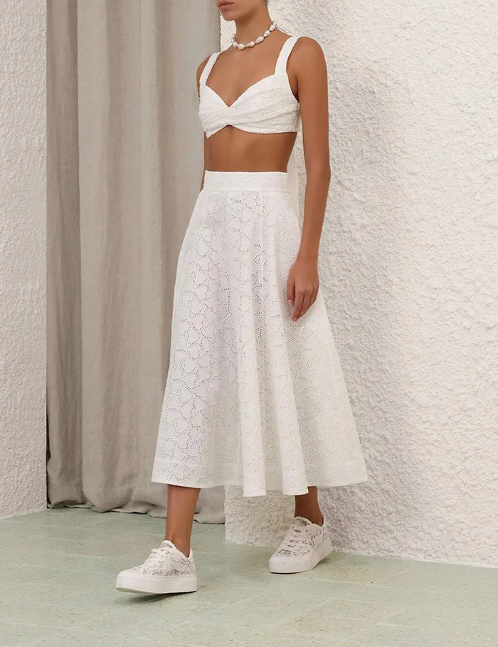Women Clothing Zimmermann Crush Embroidered Midi Skirt Ivory