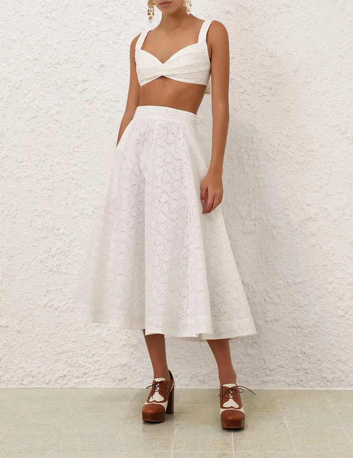 Women Clothing Zimmermann Crush Embroidered Midi Skirt Ivory