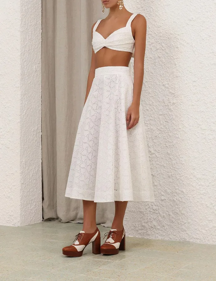 Women Clothing Zimmermann Crush Embroidered Midi Skirt Ivory